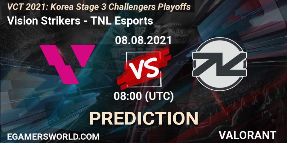 Vision Strikers vs TNL Esports: Betting TIp, Match Prediction. 08.08.2021 at 08:00. VALORANT, VCT 2021: Korea Stage 3 Challengers Playoffs