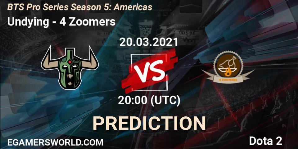 Undying vs 4 Zoomers: Betting TIp, Match Prediction. 20.03.2021 at 20:01. Dota 2, BTS Pro Series Season 5: Americas