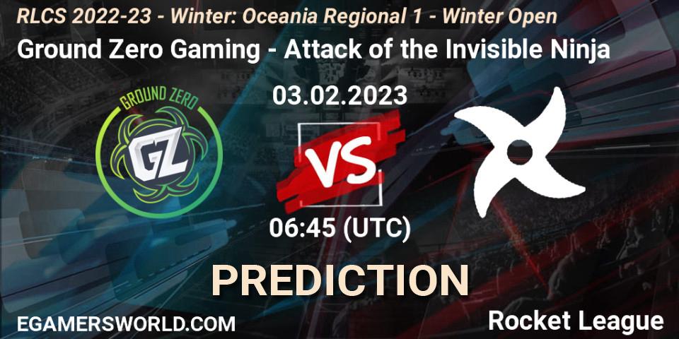 Ground Zero Gaming vs Attack of the Invisible Ninja: Betting TIp, Match Prediction. 03.02.2023 at 06:45. Rocket League, RLCS 2022-23 - Winter: Oceania Regional 1 - Winter Open