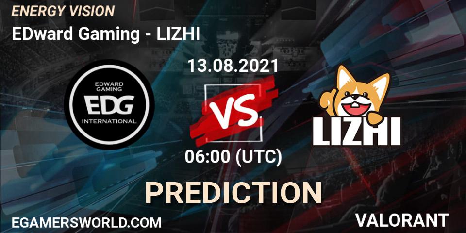 EDward Gaming vs LIZHI: Betting TIp, Match Prediction. 13.08.2021 at 06:00. VALORANT, ENERGY VISION