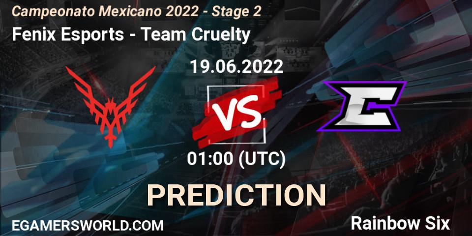 Fenix Esports vs Team Cruelty: Betting TIp, Match Prediction. 19.06.2022 at 02:00. Rainbow Six, Campeonato Mexicano 2022 - Stage 2