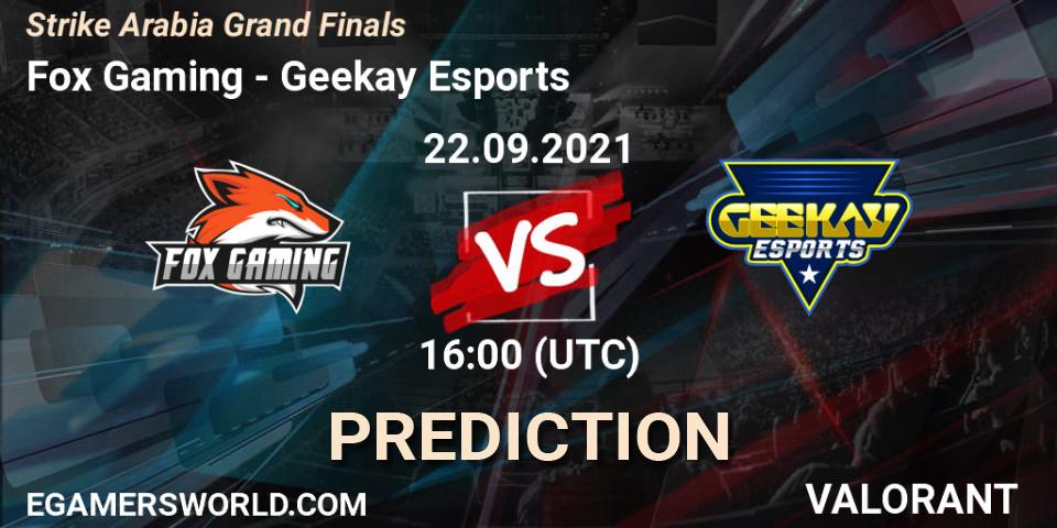 Fox Gaming vs Geekay Esports: Betting TIp, Match Prediction. 22.09.2021 at 10:00. VALORANT, Strike Arabia Grand Finals