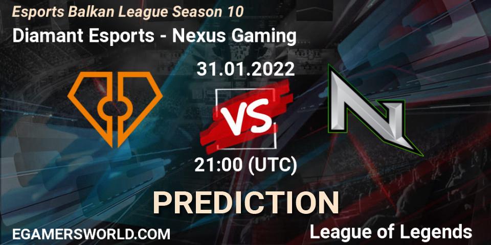 Diamant Esports vs Nexus Gaming: Betting TIp, Match Prediction. 31.01.2022 at 21:00. LoL, Esports Balkan League Season 10