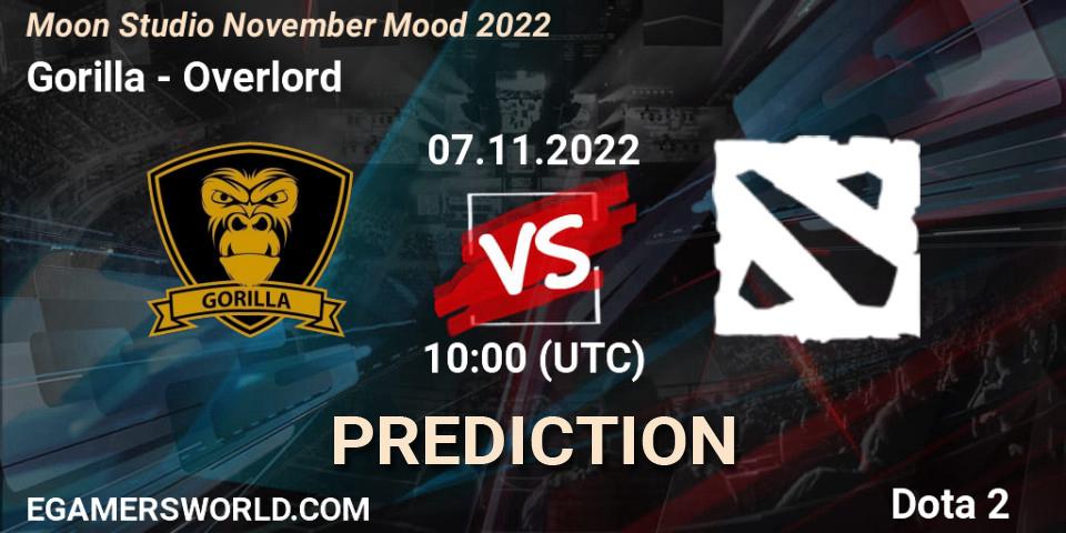 Gorilla vs Overlord: Betting TIp, Match Prediction. 07.11.2022 at 09:56. Dota 2, Moon Studio November Mood 2022