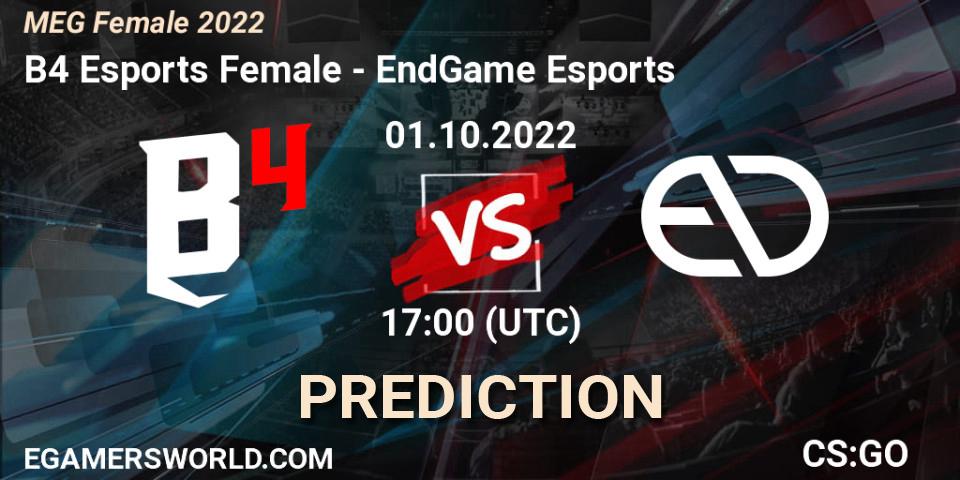 B4 Esports Female vs EndGame Esports: Betting TIp, Match Prediction. 01.10.2022 at 17:30. Counter-Strike (CS2), MEG Female 2022