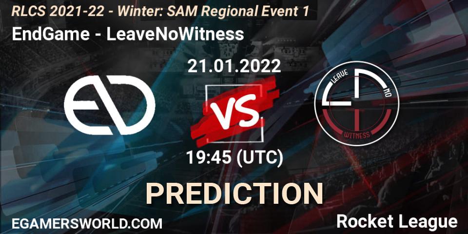 EndGame vs LeaveNoWitness: Betting TIp, Match Prediction. 21.01.2022 at 19:45. Rocket League, RLCS 2021-22 - Winter: SAM Regional Event 1