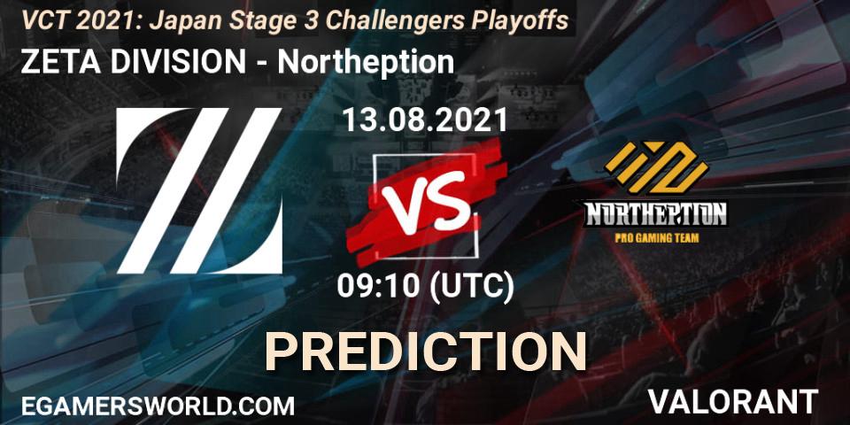 ZETA DIVISION vs Northeption: Betting TIp, Match Prediction. 13.08.2021 at 09:10. VALORANT, VCT 2021: Japan Stage 3 Challengers Playoffs