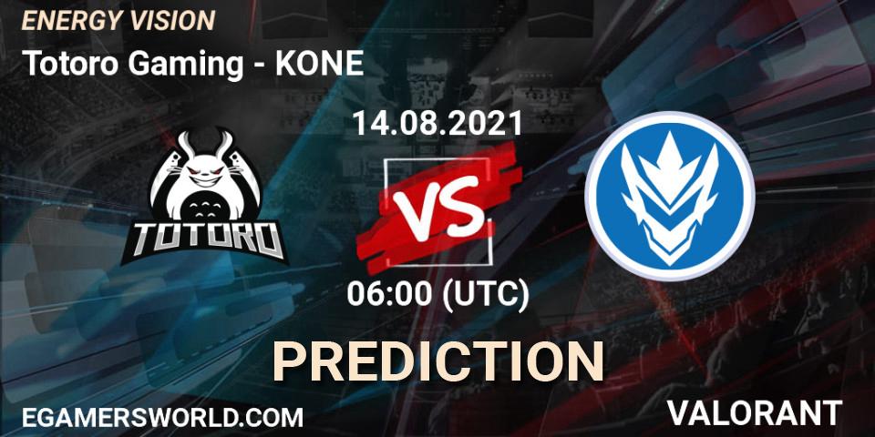Totoro Gaming vs KONE: Betting TIp, Match Prediction. 14.08.2021 at 06:00. VALORANT, ENERGY VISION