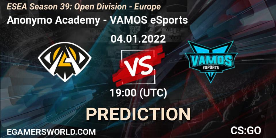 Anonymo Academy vs VAMOS eSports: Betting TIp, Match Prediction. 04.01.2022 at 19:00. Counter-Strike (CS2), ESEA Season 39: Open Division - Europe