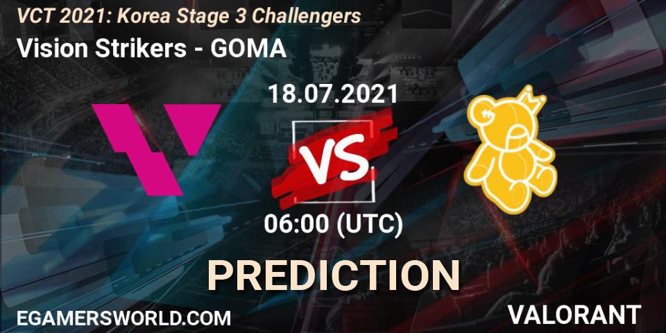 Vision Strikers vs GOMA: Betting TIp, Match Prediction. 18.07.2021 at 06:00. VALORANT, VCT 2021: Korea Stage 3 Challengers