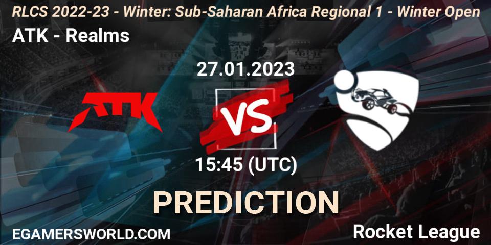 ATK vs Realms: Betting TIp, Match Prediction. 27.01.2023 at 15:45. Rocket League, RLCS 2022-23 - Winter: Sub-Saharan Africa Regional 1 - Winter Open