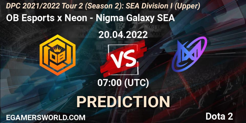 OB Esports x Neon vs Nigma Galaxy SEA: Betting TIp, Match Prediction. 20.04.2022 at 07:01. Dota 2, DPC 2021/2022 Tour 2 (Season 2): SEA Division I (Upper)