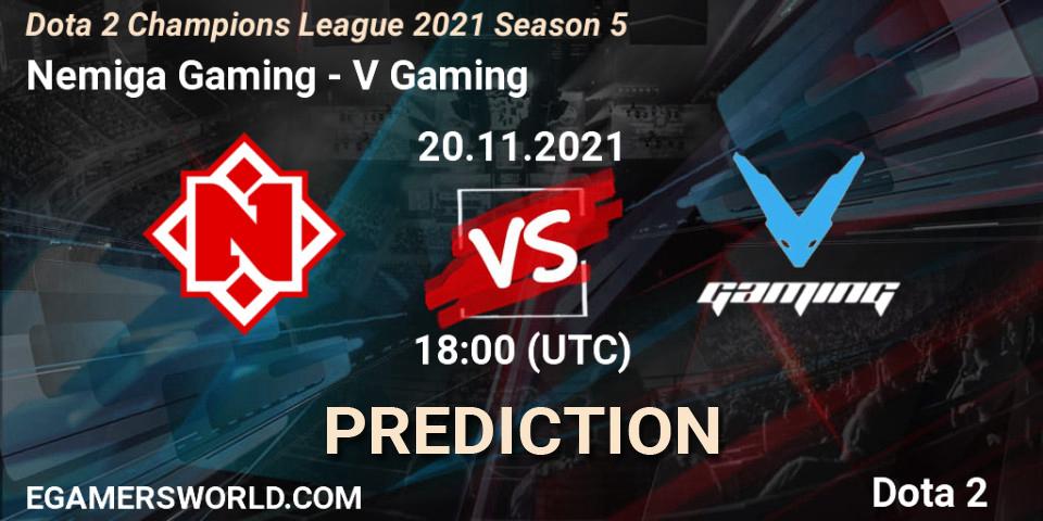 Nemiga Gaming vs V Gaming: Betting TIp, Match Prediction. 20.11.2021 at 18:41. Dota 2, Dota 2 Champions League 2021 Season 5