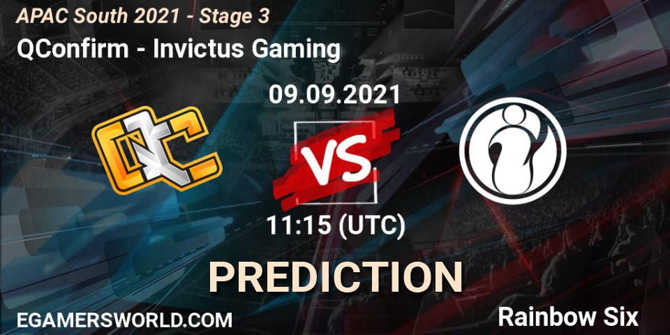 QConfirm vs Invictus Gaming: Betting TIp, Match Prediction. 09.09.2021 at 11:15. Rainbow Six, APAC South 2021 - Stage 3