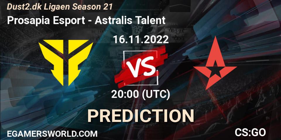 Prosapia Esport vs Astralis Talent: Betting TIp, Match Prediction. 16.11.2022 at 20:00. Counter-Strike (CS2), Dust2.dk Ligaen Season 21