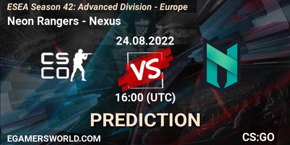 Neon Rangers vs Nexus: Betting TIp, Match Prediction. 24.08.2022 at 16:00. Counter-Strike (CS2), ESEA Season 42: Advanced Division - Europe
