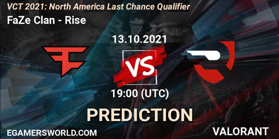FaZe Clan vs Rise: Betting TIp, Match Prediction. 27.10.2021 at 19:00. VALORANT, VCT 2021: North America Last Chance Qualifier