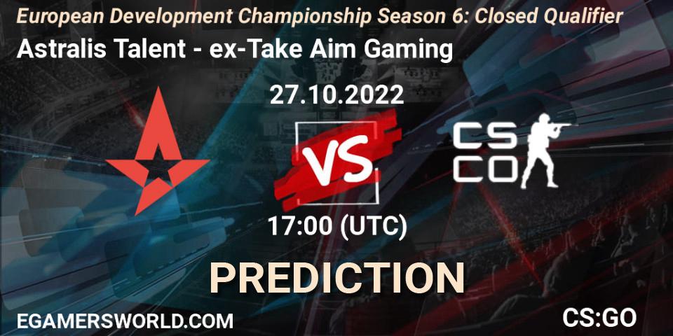 Astralis Talent vs ex-Take Aim Gaming: Betting TIp, Match Prediction. 27.10.2022 at 17:00. Counter-Strike (CS2), European Development Championship Season 6: Closed Qualifier