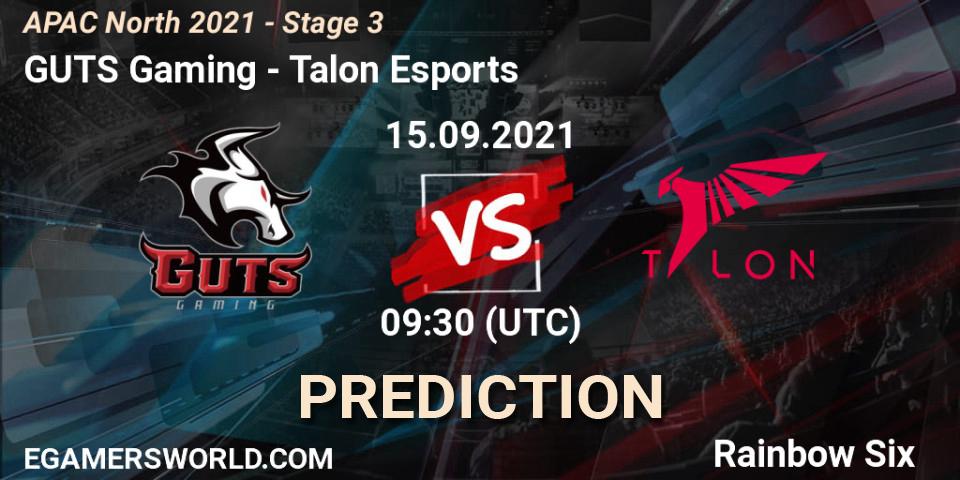 GUTS Gaming vs Talon Esports: Betting TIp, Match Prediction. 15.09.2021 at 09:30. Rainbow Six, APAC North 2021 - Stage 3