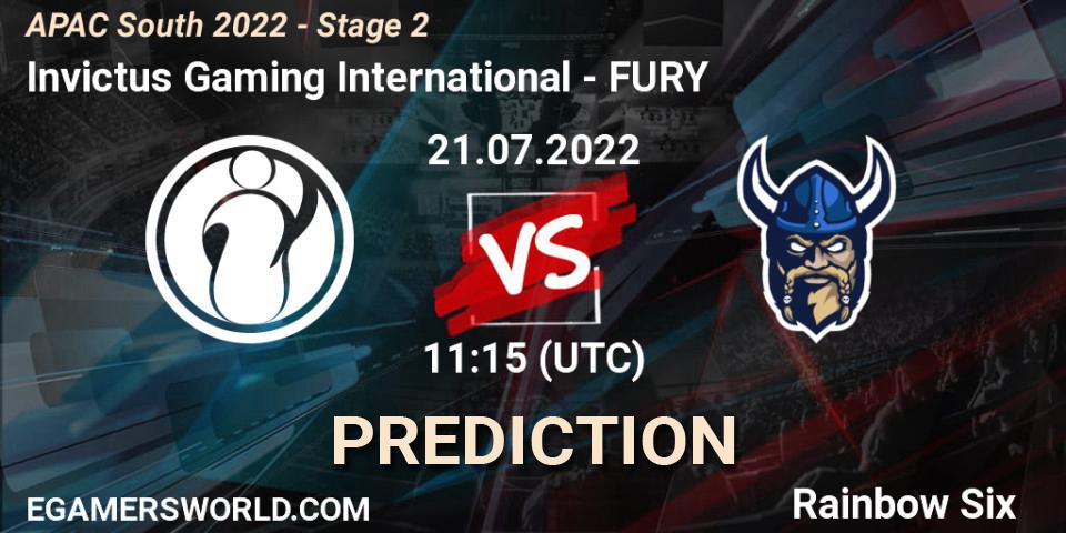 Invictus Gaming International vs FURY: Betting TIp, Match Prediction. 21.07.2022 at 11:15. Rainbow Six, APAC South 2022 - Stage 2