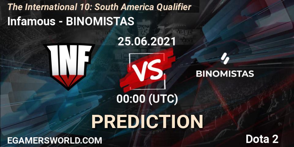 Infamous vs BINOMISTAS: Betting TIp, Match Prediction. 24.06.2021 at 22:37. Dota 2, The International 10: South America Qualifier