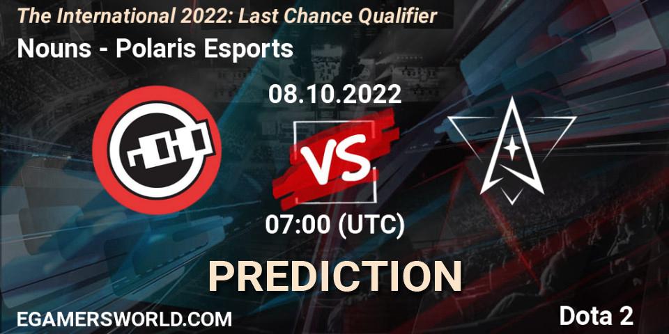 Nouns vs Polaris Esports: Betting TIp, Match Prediction. 08.10.2022 at 07:06. Dota 2, The International 2022: Last Chance Qualifier