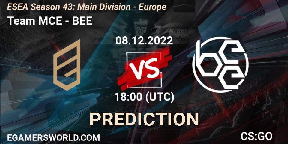 Team MCE vs BEE: Betting TIp, Match Prediction. 08.12.2022 at 18:00. Counter-Strike (CS2), ESEA Season 43: Main Division - Europe