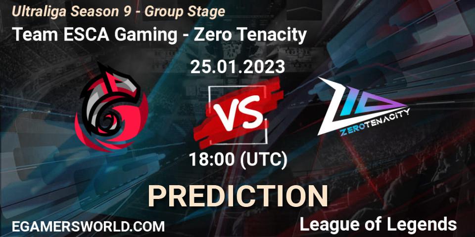 Team ESCA Gaming vs Zero Tenacity: Betting TIp, Match Prediction. 25.01.2023 at 18:00. LoL, Ultraliga Season 9 - Group Stage
