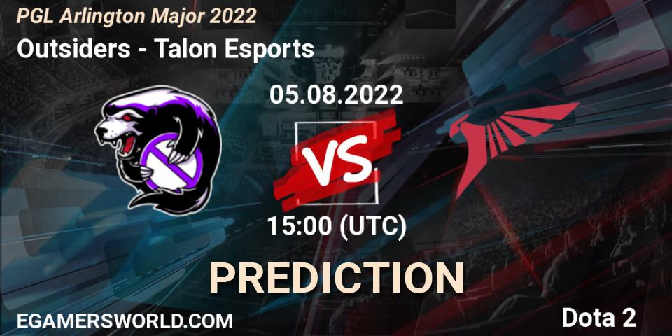 Outsiders vs Talon Esports: Betting TIp, Match Prediction. 05.08.2022 at 15:05. Dota 2, PGL Arlington Major 2022 - Group Stage