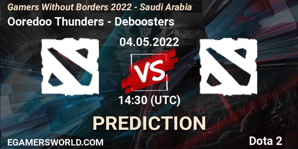 Ooredoo Thunders vs Deboosters: Betting TIp, Match Prediction. 04.05.2022 at 14:48. Dota 2, Gamers Without Borders 2022 - Saudi Arabia