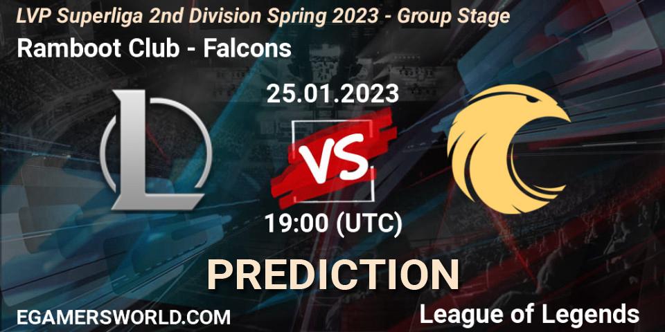 Ramboot Club vs Falcons: Betting TIp, Match Prediction. 25.01.2023 at 19:00. LoL, LVP Superliga 2nd Division Spring 2023 - Group Stage