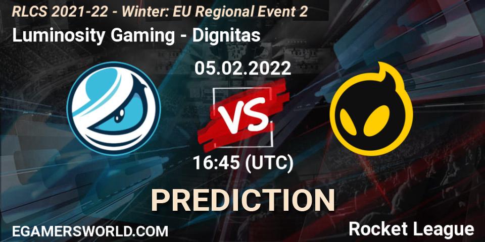 Luminosity Gaming vs Dignitas: Betting TIp, Match Prediction. 05.02.2022 at 16:45. Rocket League, RLCS 2021-22 - Winter: EU Regional Event 2