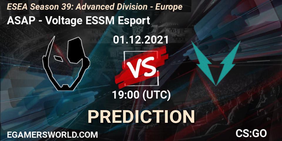 ASAP vs Voltage ESSM Esport: Betting TIp, Match Prediction. 01.12.2021 at 19:00. Counter-Strike (CS2), ESEA Season 39: Advanced Division - Europe