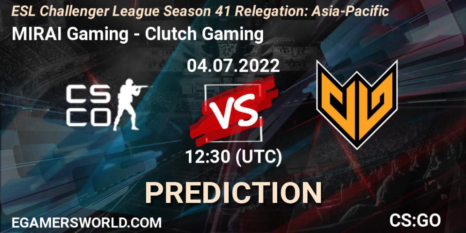 MIRAI Gaming vs Clutch Gaming: Betting TIp, Match Prediction. 04.07.2022 at 12:30. Counter-Strike (CS2), ESL Challenger League Season 41 Relegation: Asia-Pacific