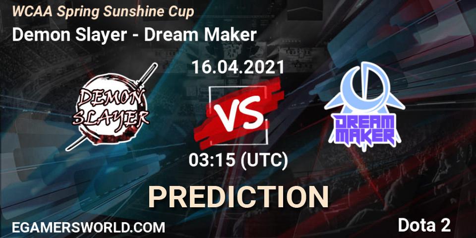 Demon Slayer vs Dream Maker: Betting TIp, Match Prediction. 16.04.2021 at 03:24. Dota 2, WCAA Spring Sunshine Cup