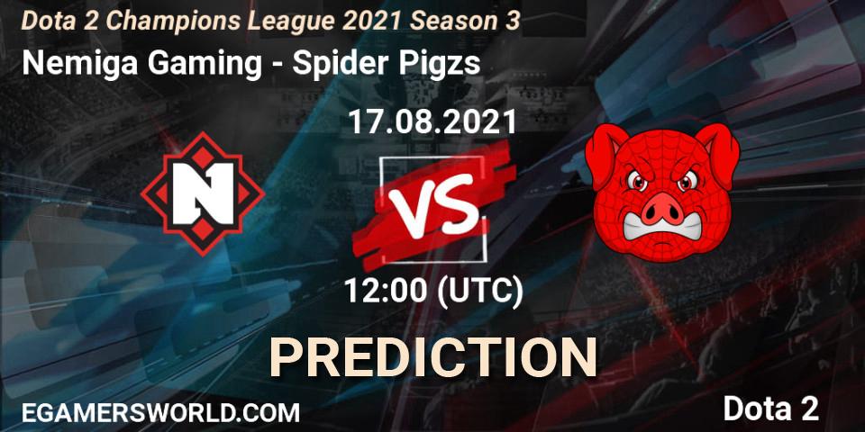 Nemiga Gaming vs Spider Pigzs: Betting TIp, Match Prediction. 17.08.2021 at 12:04. Dota 2, Dota 2 Champions League 2021 Season 3