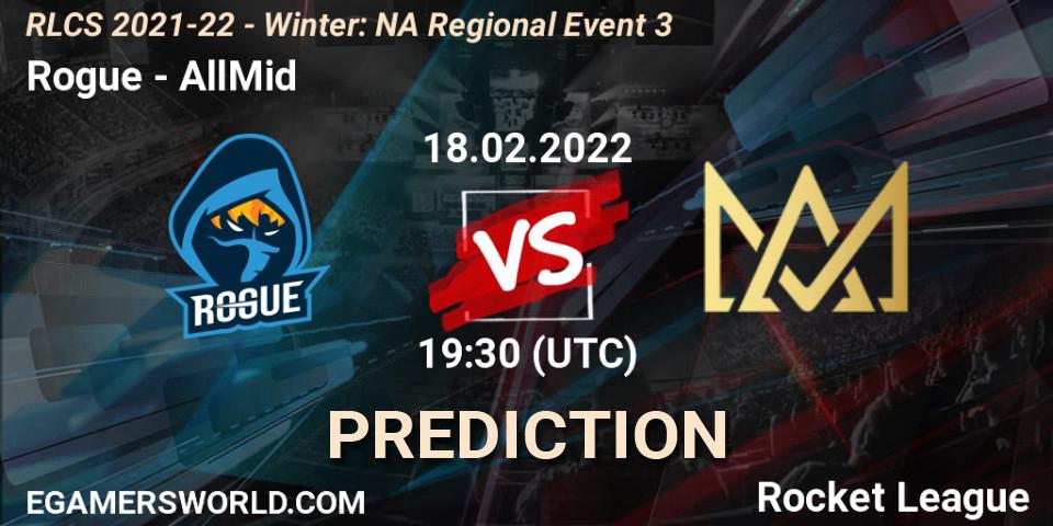 Rogue vs AllMid: Betting TIp, Match Prediction. 18.02.2022 at 19:30. Rocket League, RLCS 2021-22 - Winter: NA Regional Event 3