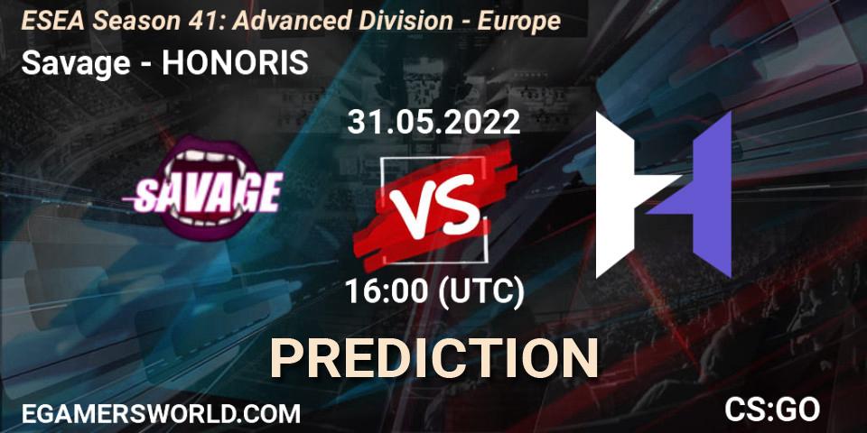 Savage vs HONORIS: Betting TIp, Match Prediction. 01.06.2022 at 16:00. Counter-Strike (CS2), ESEA Season 41: Advanced Division - Europe