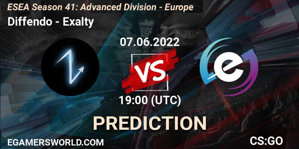 Diffendo vs Exalty: Betting TIp, Match Prediction. 07.06.2022 at 19:00. Counter-Strike (CS2), ESEA Season 41: Advanced Division - Europe