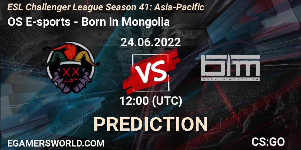OS E-sports vs Born in Mongolia: Betting TIp, Match Prediction. 24.06.2022 at 12:00. Counter-Strike (CS2), ESL Challenger League Season 41: Asia-Pacific