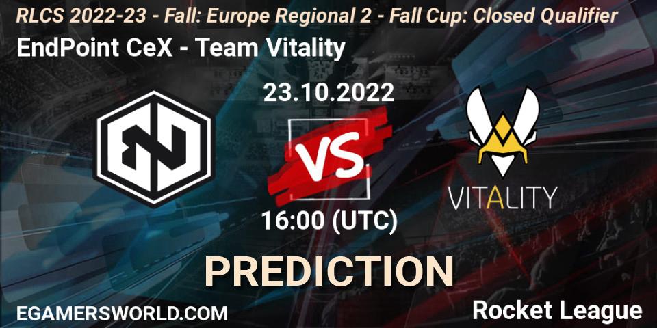 EndPoint CeX vs Team Vitality: Betting TIp, Match Prediction. 23.10.2022 at 16:00. Rocket League, RLCS 2022-23 - Fall: Europe Regional 2 - Fall Cup: Closed Qualifier
