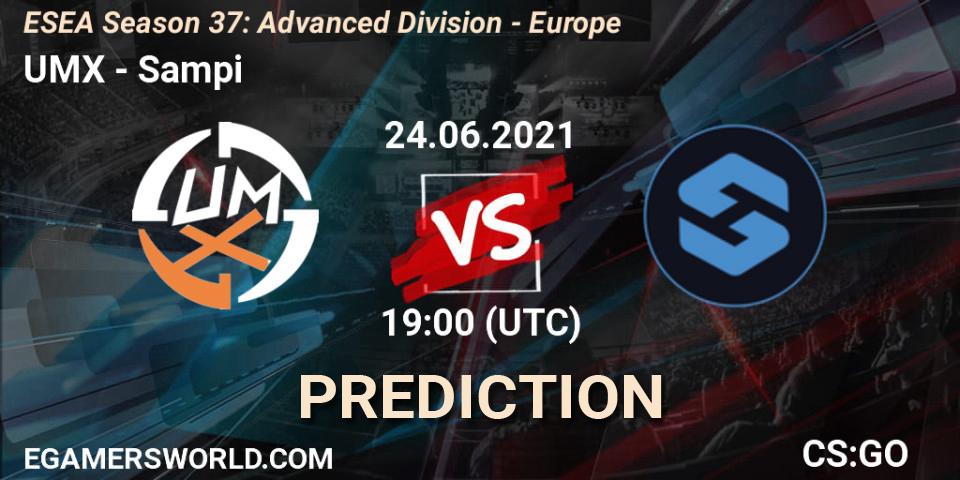 UMX vs Sampi: Betting TIp, Match Prediction. 24.06.2021 at 19:00. Counter-Strike (CS2), ESEA Season 37: Advanced Division - Europe