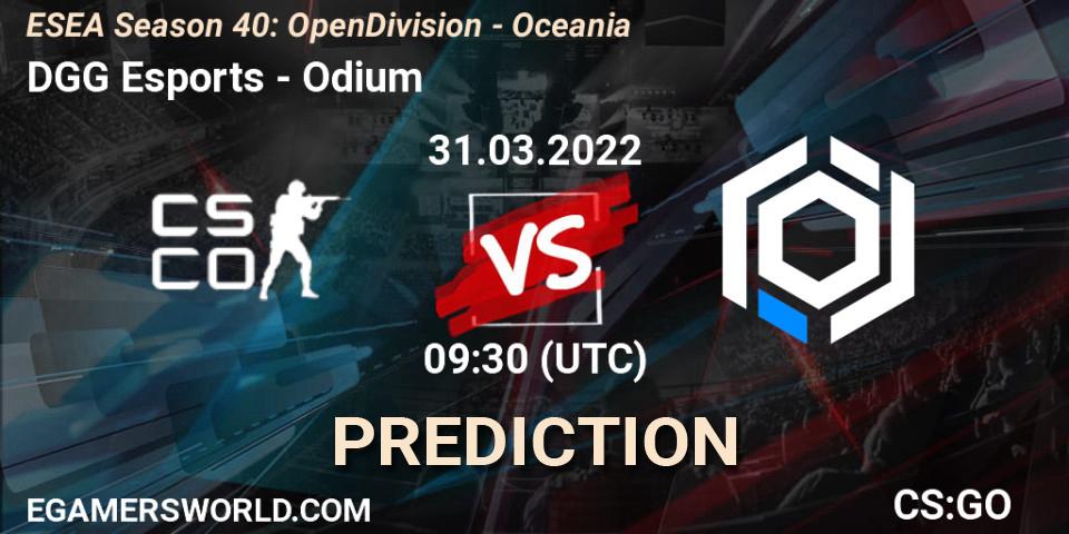 DGG Esports vs Odium: Betting TIp, Match Prediction. 31.03.2022 at 09:30. Counter-Strike (CS2), ESEA Season 40: Open Division - Oceania