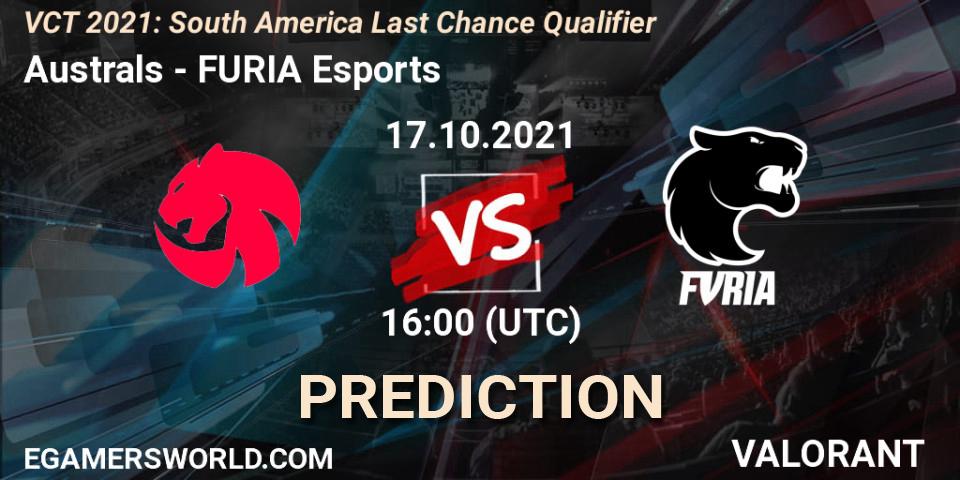 Australs vs FURIA Esports: Betting TIp, Match Prediction. 17.10.2021 at 16:00. VALORANT, VCT 2021: South America Last Chance Qualifier