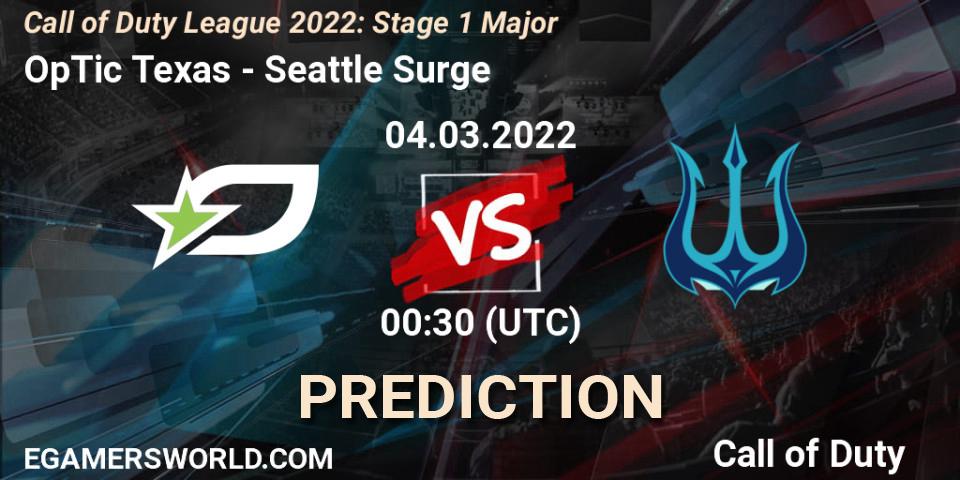 OpTic Texas vs Seattle Surge: Betting TIp, Match Prediction. 04.03.2022 at 00:30. Call of Duty, Call of Duty League 2022: Stage 1 Major