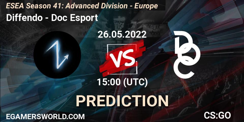 Diffendo vs Doc Esport: Betting TIp, Match Prediction. 26.05.2022 at 15:00. Counter-Strike (CS2), ESEA Season 41: Advanced Division - Europe