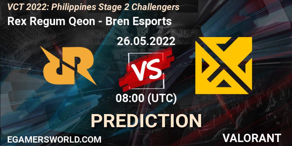 Rex Regum Qeon vs Bren Esports: Betting TIp, Match Prediction. 26.05.2022 at 07:10. VALORANT, VCT 2022: Philippines Stage 2 Challengers