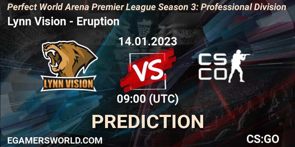 Lynn Vision vs Eruption: Betting TIp, Match Prediction. 14.01.2023 at 09:00. Counter-Strike (CS2), Perfect World Arena Premier League Season 3: Professional Division