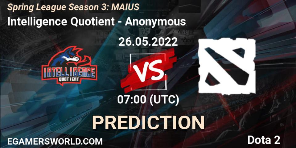Intelligence Quotient vs Anonymous: Betting TIp, Match Prediction. 26.05.2022 at 06:58. Dota 2, Spring League Season 3: MAIUS