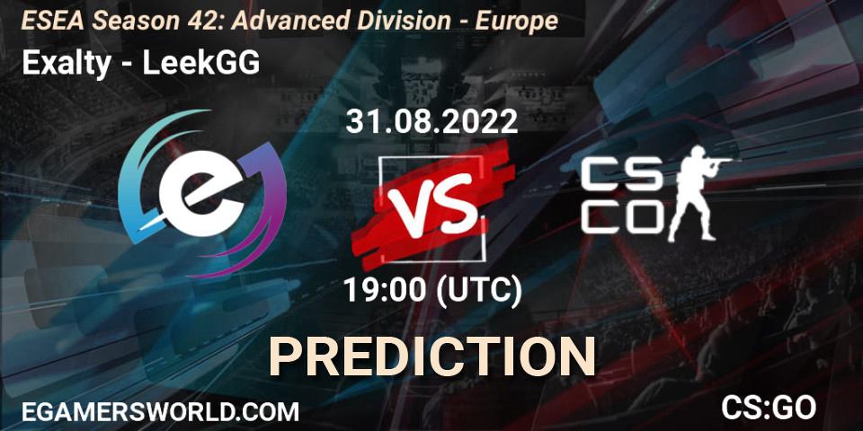 Exalty vs LeekGG: Betting TIp, Match Prediction. 13.09.2022 at 19:00. Counter-Strike (CS2), ESEA Season 42: Advanced Division - Europe